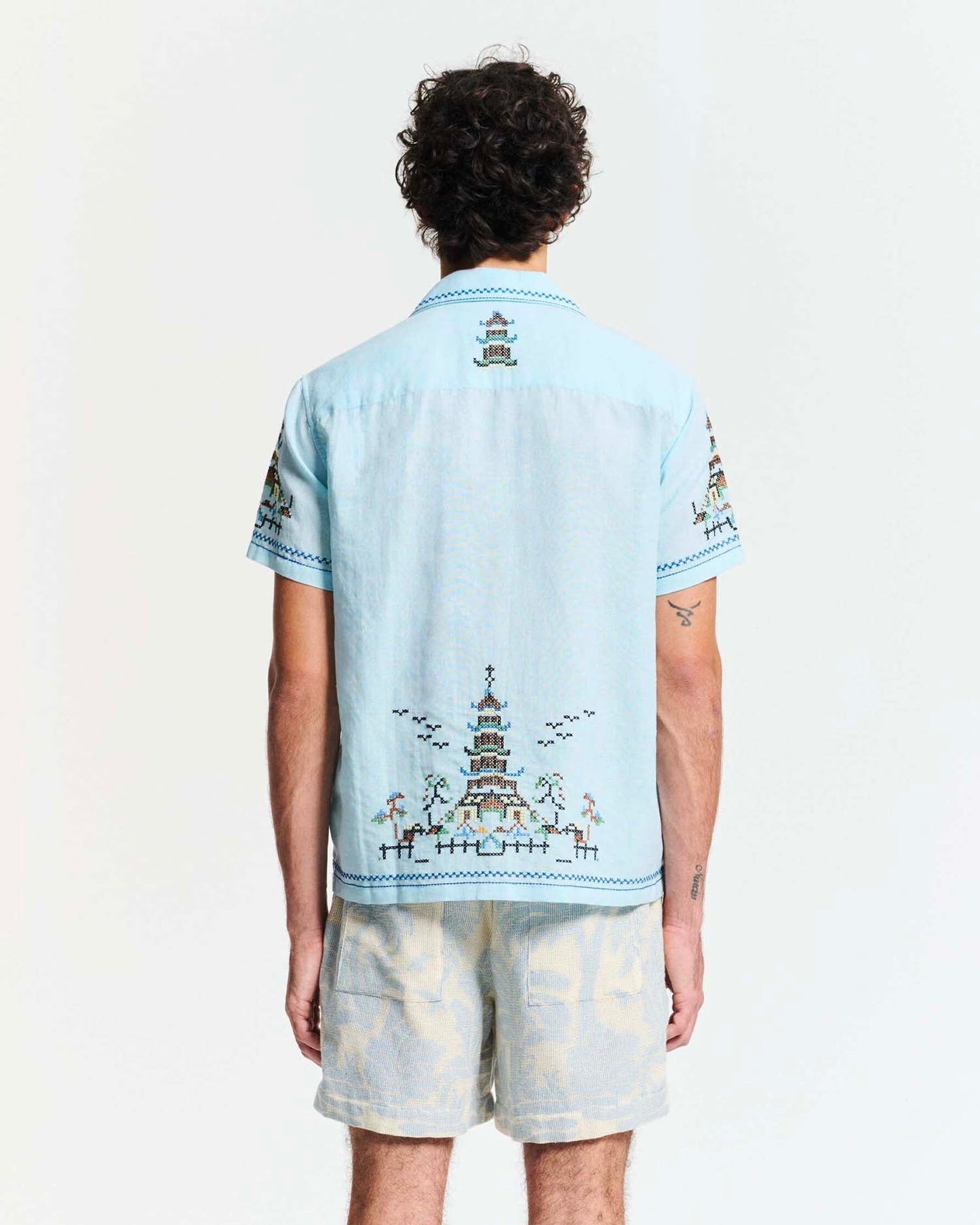 Baziszt | Embroidered Temple Landscape Button-Down Shirt - Light Sky Blue Light-Blue