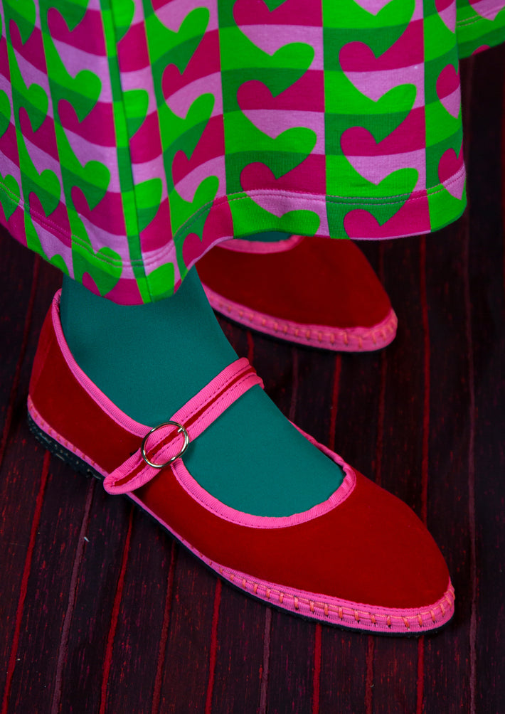 Flabelus | Ballerina Aurelie - Velvet Mary Jane with Pink Piping Red