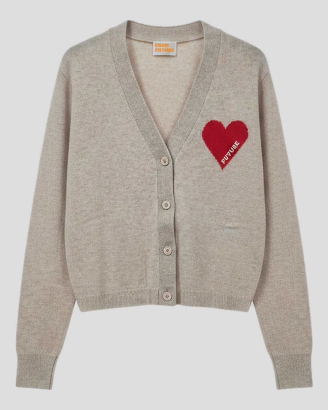 From Future | Short Cashmere Cardigan with Heart Intarsia - Beige-Chine