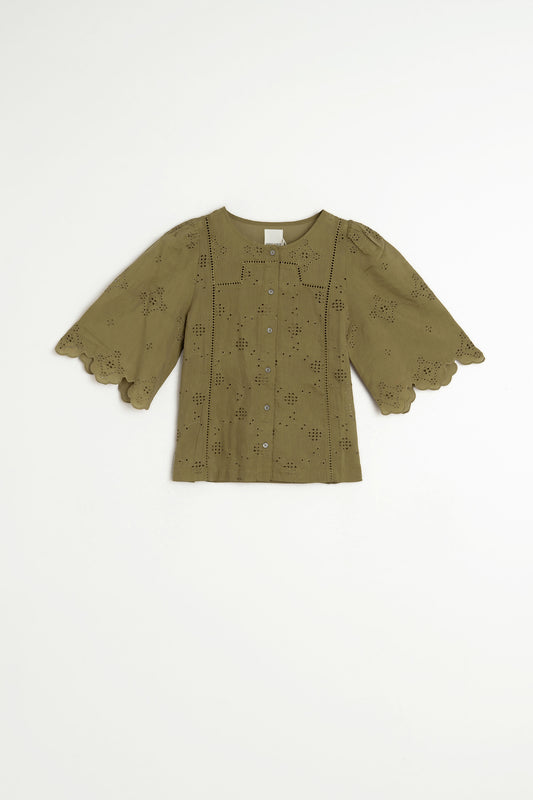 INDI&COLD | Schiffli Embroidered Boxy Blouse - Khaki