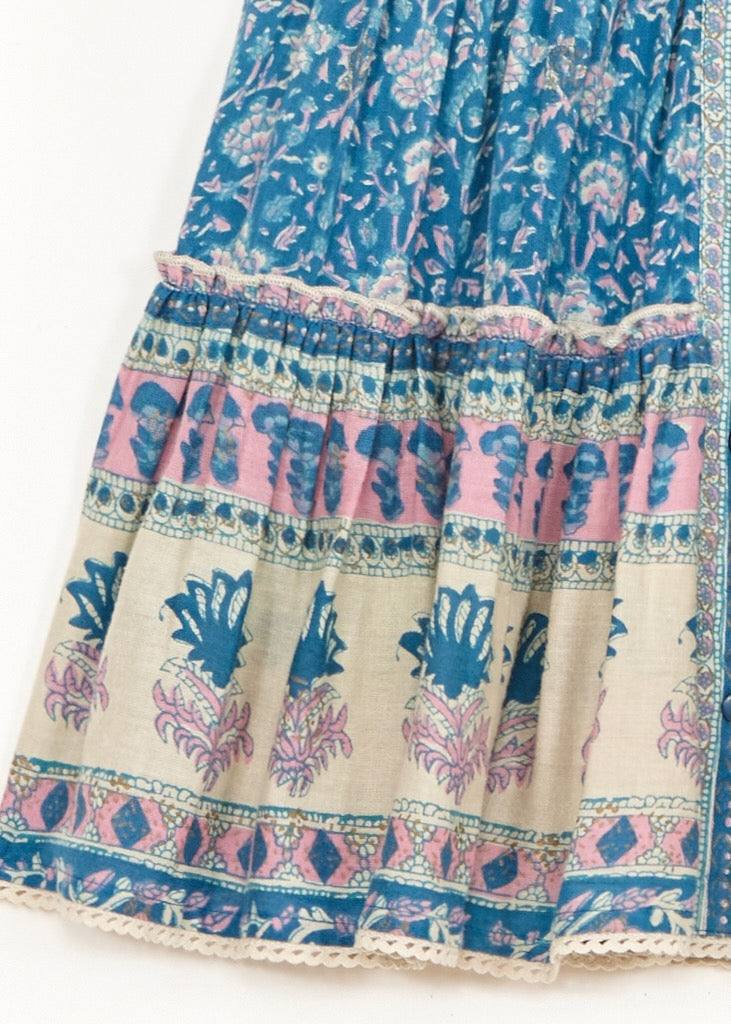MABE | Myla Mini Skirt in Floral Blockprint Cotton with Lace Trim
