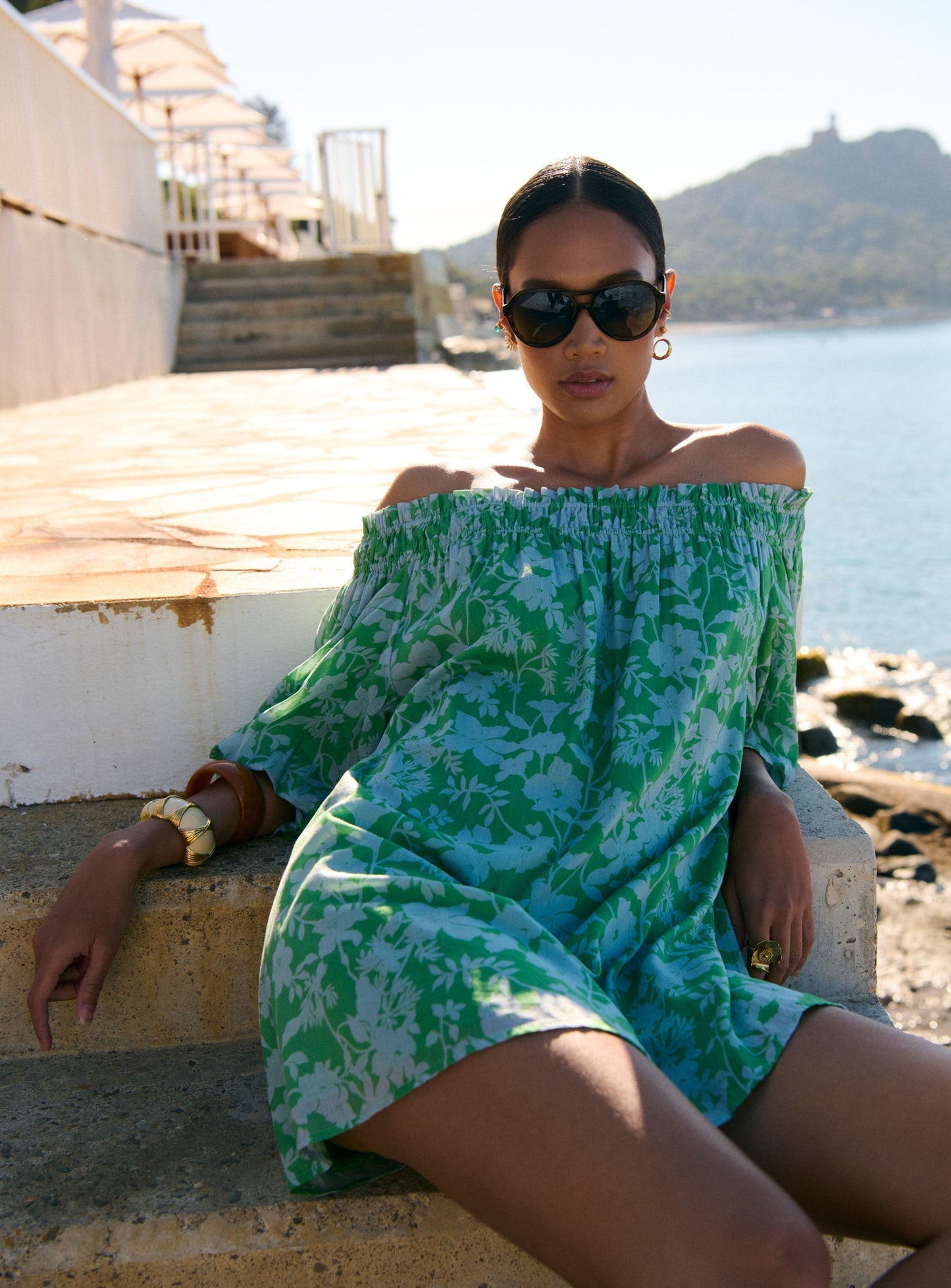 Petite Mendigote | Fannie Bardot Dress - Avocado Floral Print