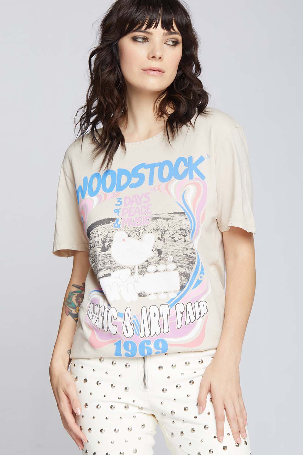 Recycled Karma | Boyfriend Tee - Vintage Woodstock Graphic Old-Lace