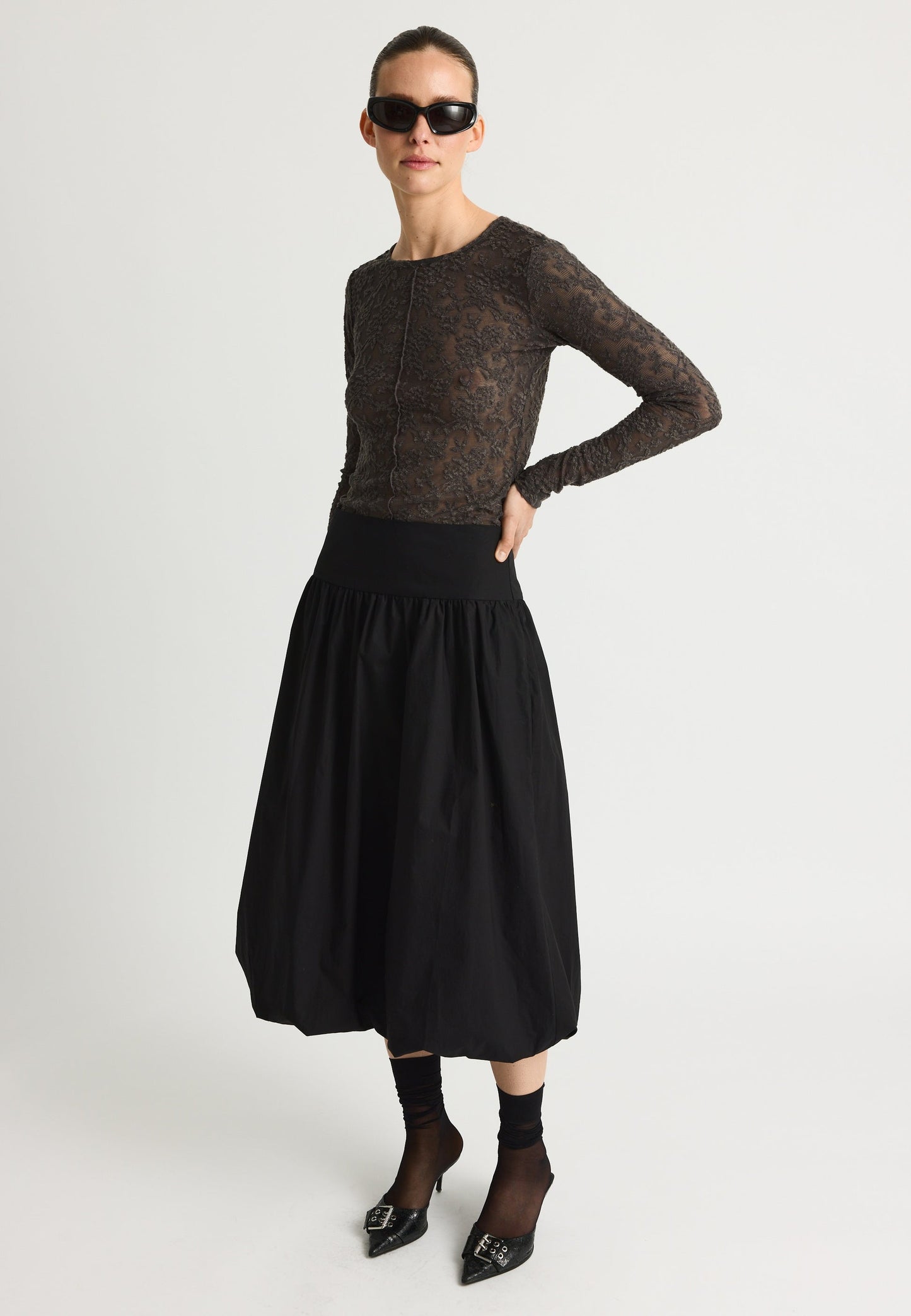 Resume - Women Katers Skirt Midi Balloon With High Waist And Side Zipper 100% Cotton - Black