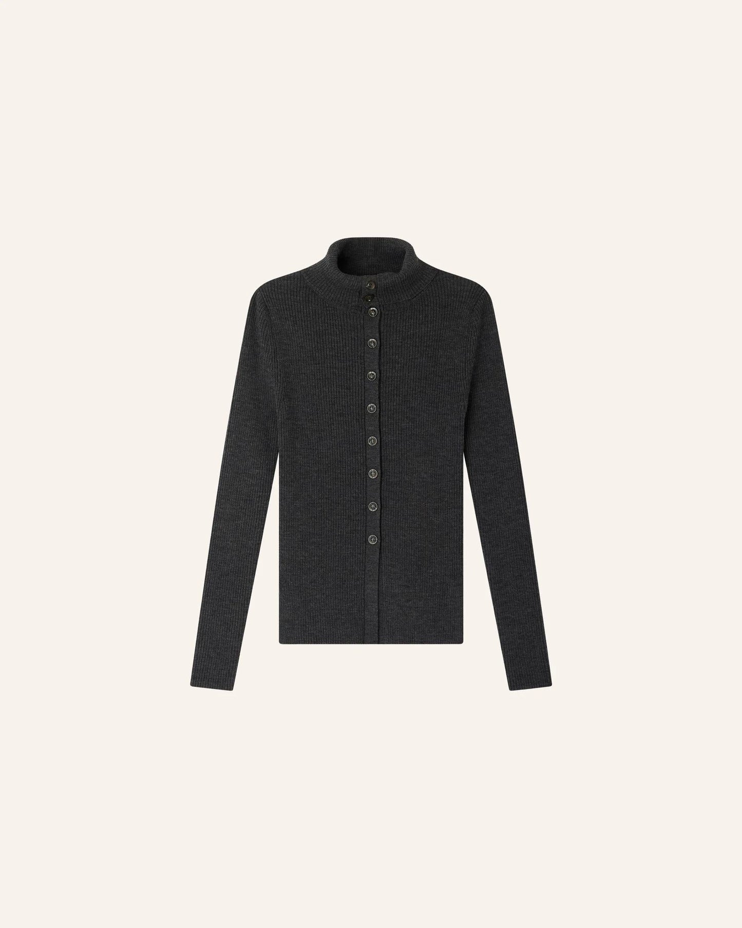 Sessun | Shimoteka High-Neck Cardigan - Merino Wool Rib Knit Graffit