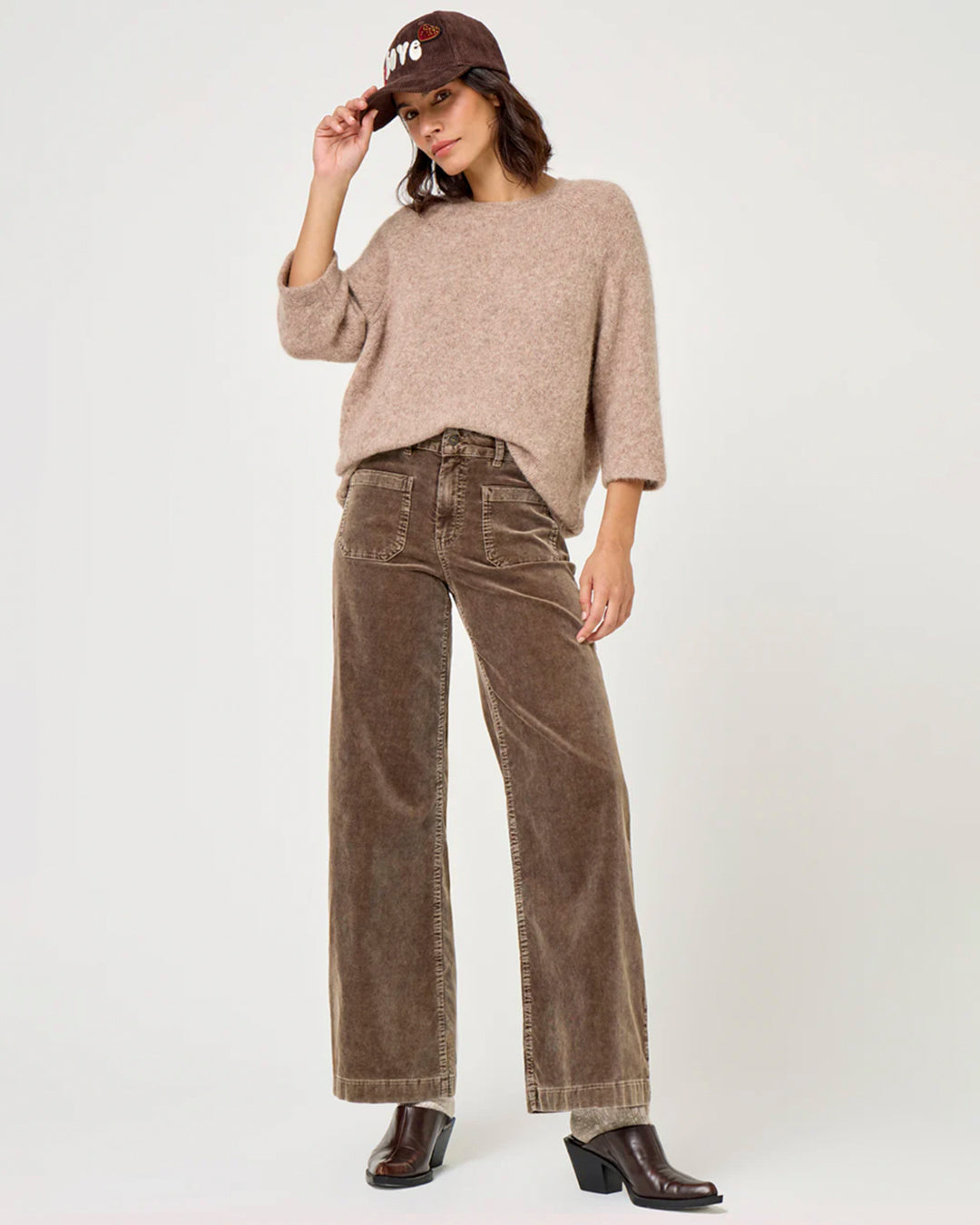 FIVE | Lucia Cropped Wide Leg Velvet Pant - Mushroom