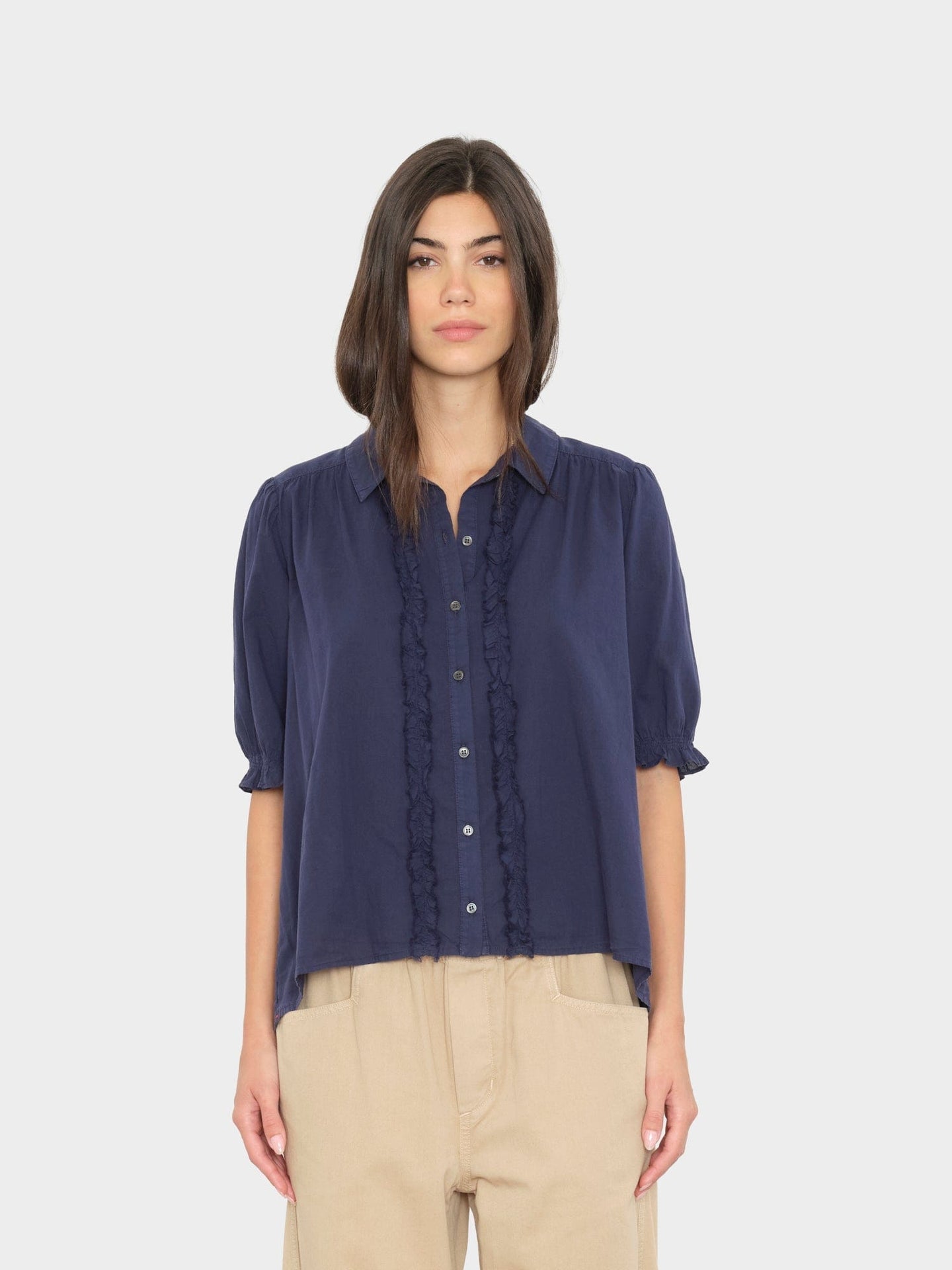 Xirena | Baron Shirt in - Ruffle-Trimmed Cotton Poplin Navy