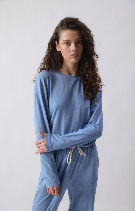 Women Oversized Long Sleeve T Shirt Cotton Jersey - Blue Bleu-Chine
