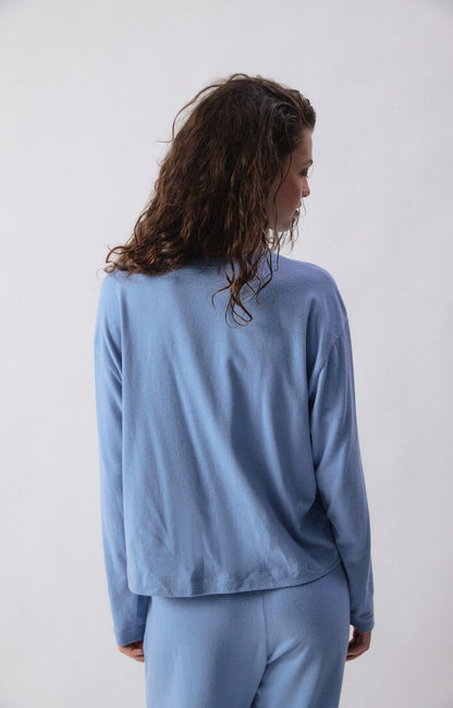 Women Oversized Long Sleeve T Shirt Cotton Jersey - Blue Bleu-Chine