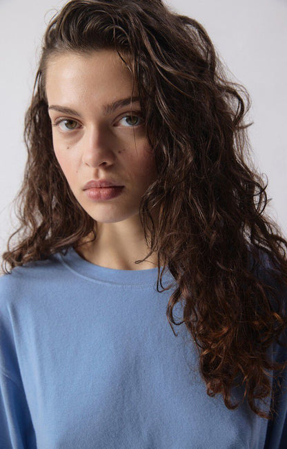 Women Oversized Long Sleeve T Shirt Cotton Jersey - Blue Bleu-Chine