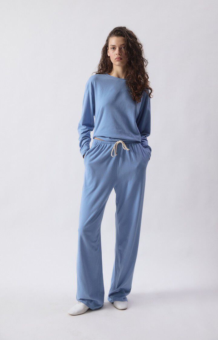 Women Oversized Long Sleeve T Shirt Cotton Jersey - Blue Bleu-Chine