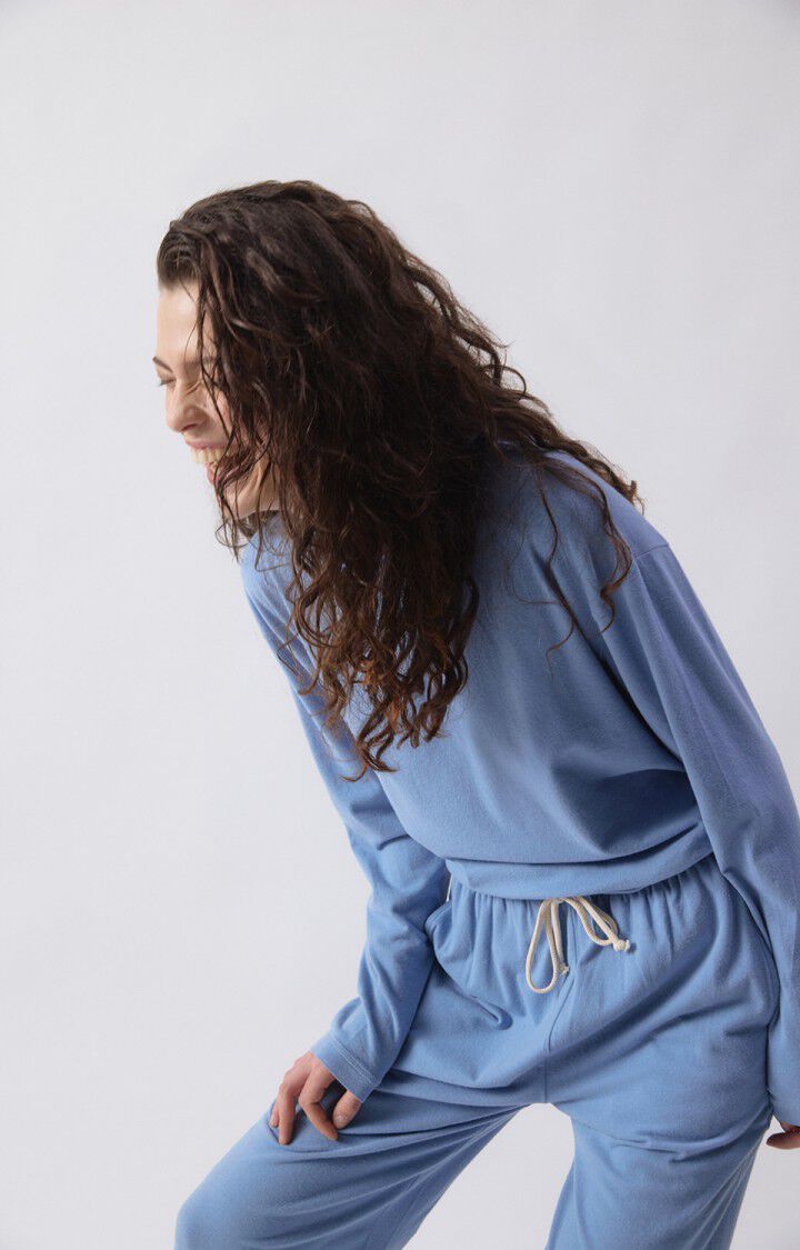 Women Oversized Long Sleeve T Shirt Cotton Jersey - Blue Bleu-Chine