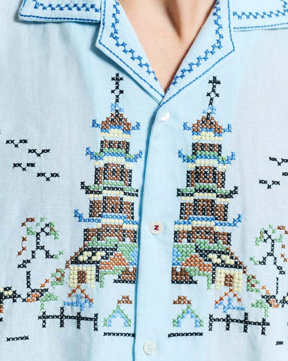 Baziszt | Embroidered Temple Landscape Button-Down Shirt - Light Sky Blue Light-Blue