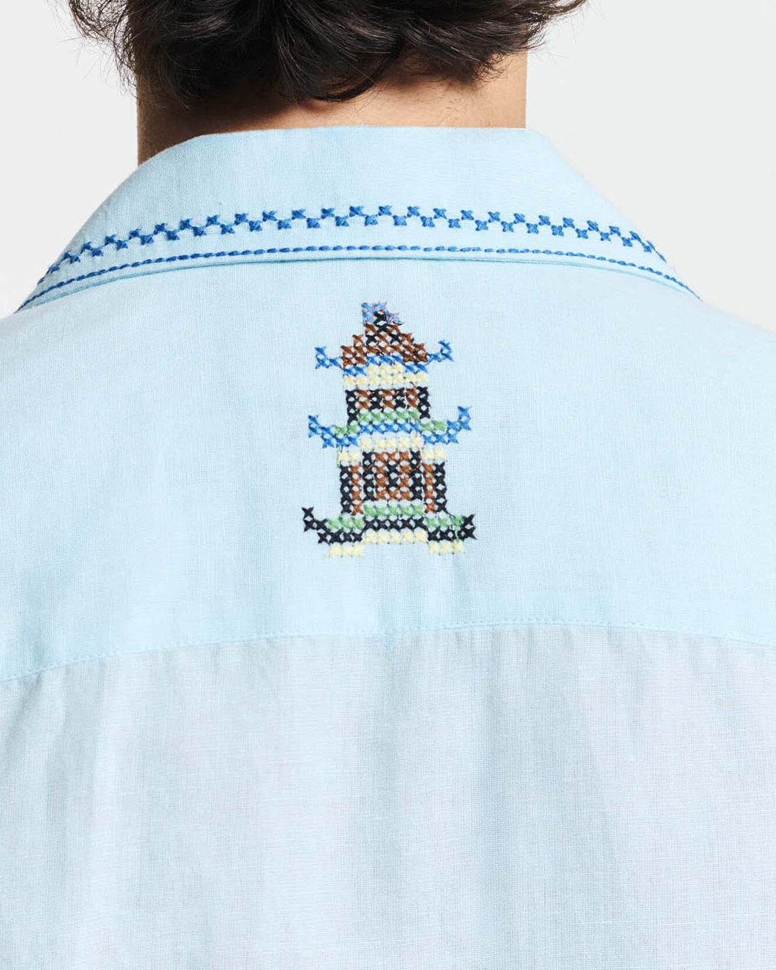 Baziszt | Embroidered Temple Landscape Button-Down Shirt - Light Sky Blue Light-Blue