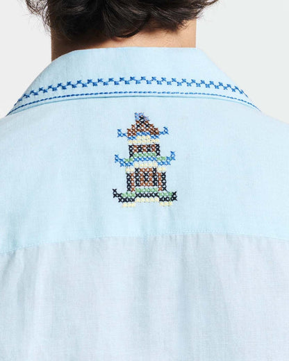 Baziszt | Embroidered Temple Landscape Button-Down Shirt - Light Sky Blue Light-Blue