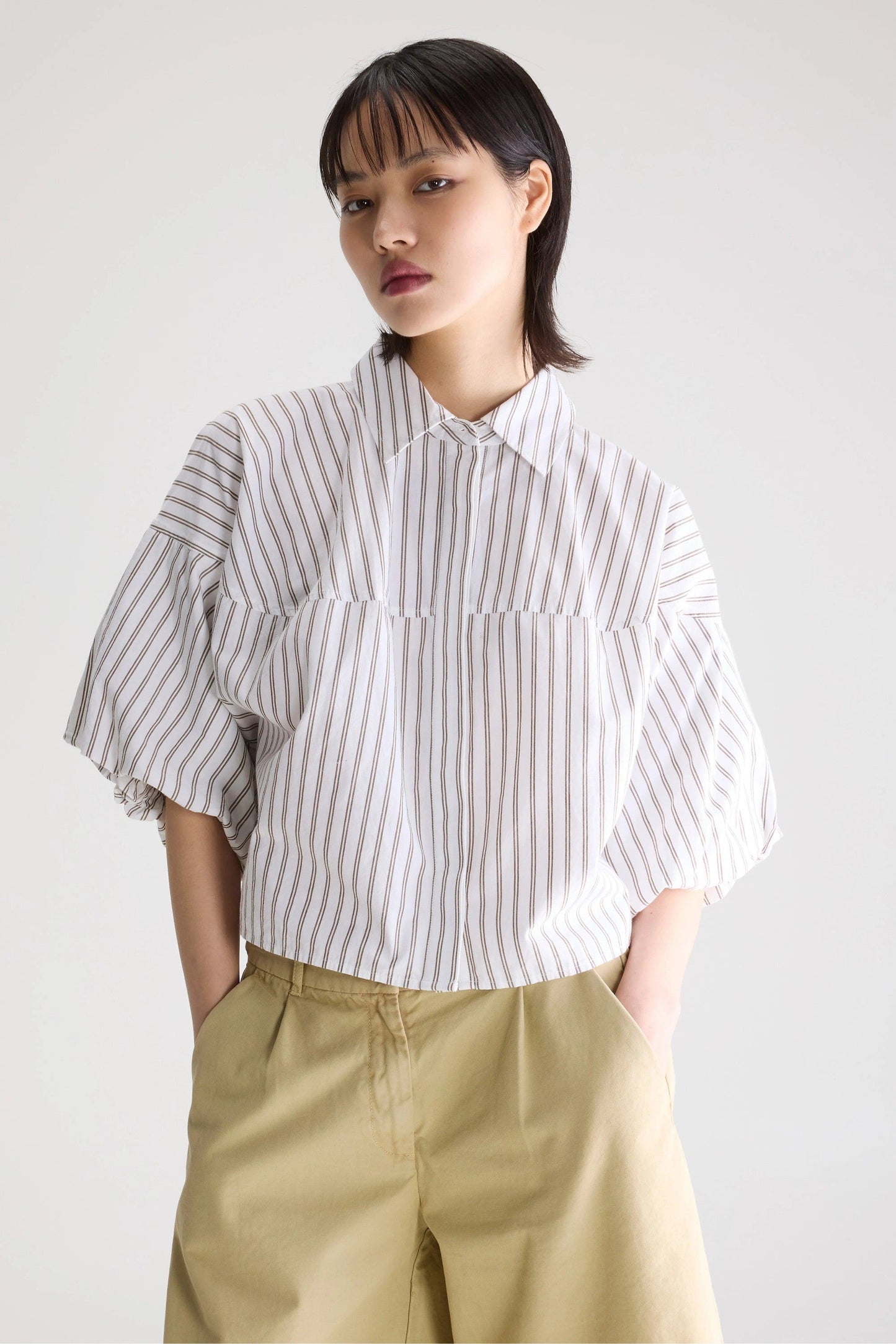 Women Button-Down Blouse 100% Cotton Poplin - White Stripe-A