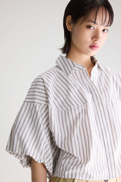 Women Button-Down Blouse 100% Cotton Poplin - White Stripe-A