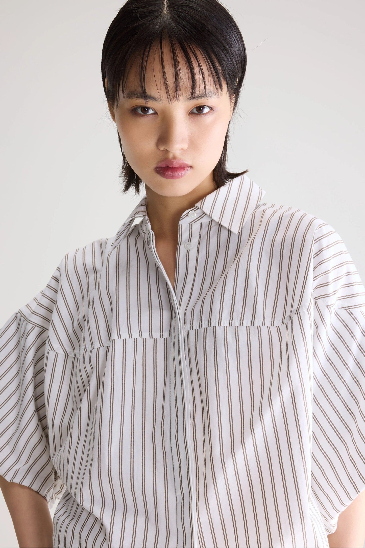 Women Button-Down Blouse 100% Cotton Poplin - White Stripe-A