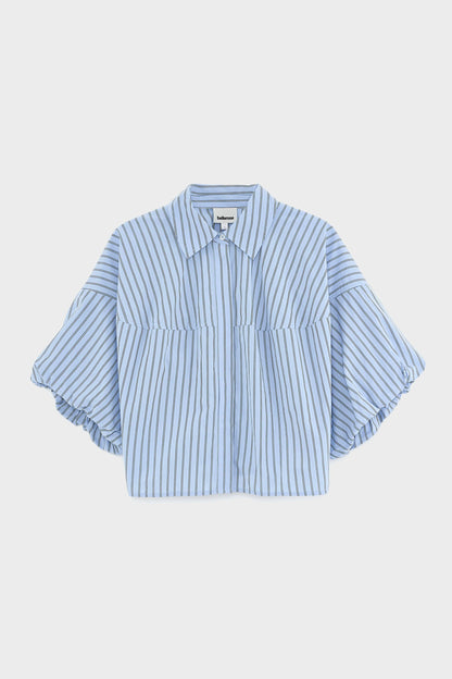 Women Button-Up Shirt With Balloon Sleeves 100 Percent Cotton - White Striped Stripe-B