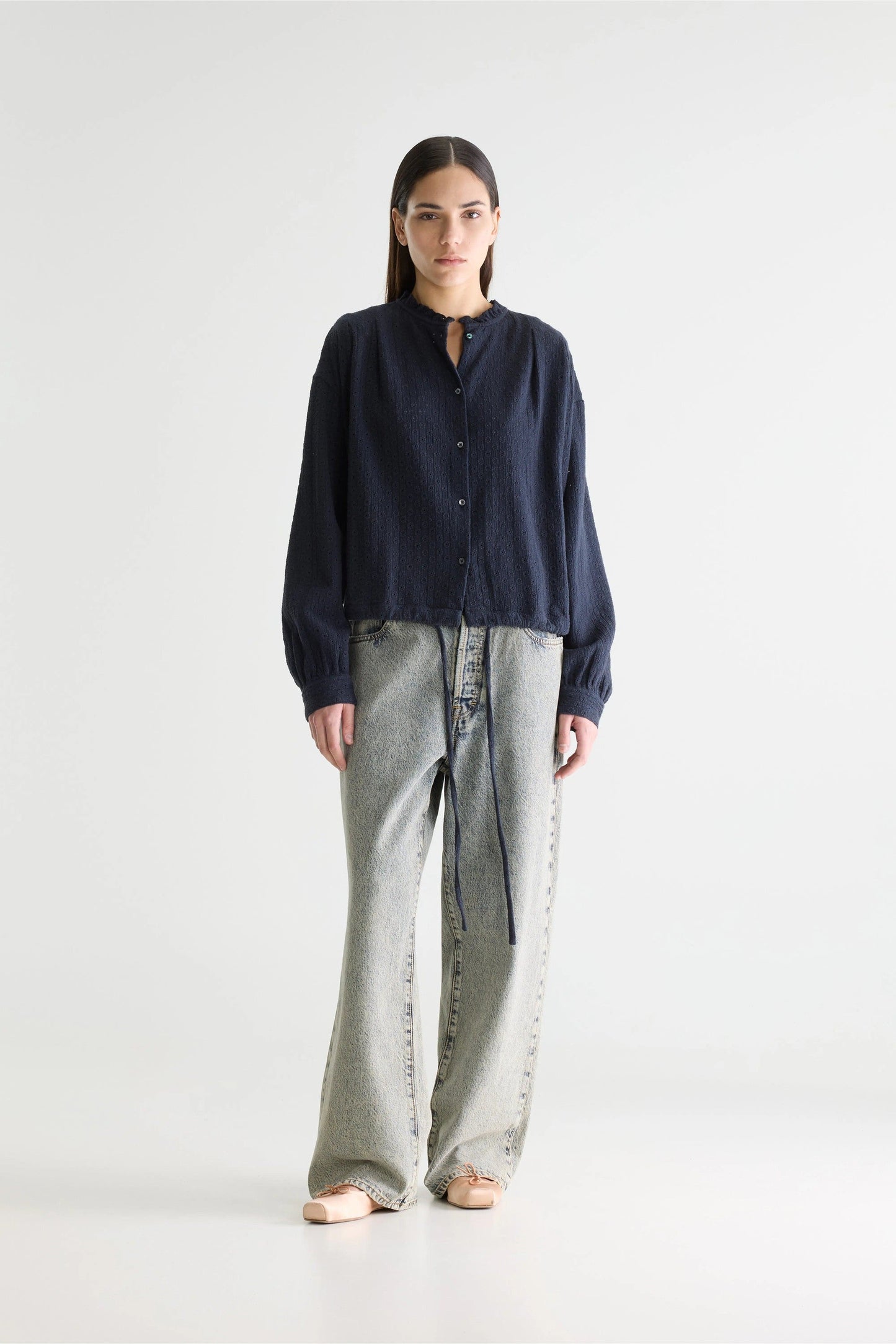 Women Button-Down Blouse 100 Percent Cotton - White Navy