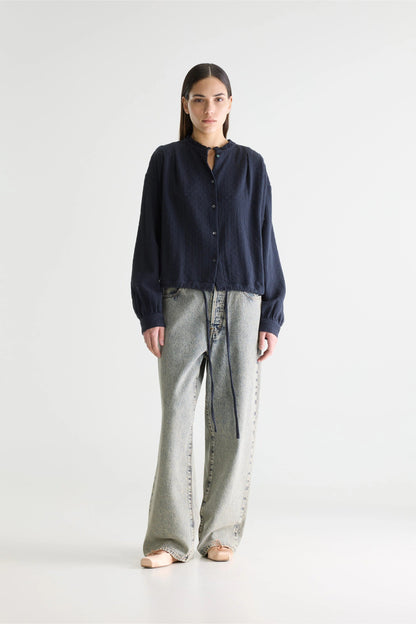 Women Button-Down Blouse 100 Percent Cotton - White Navy