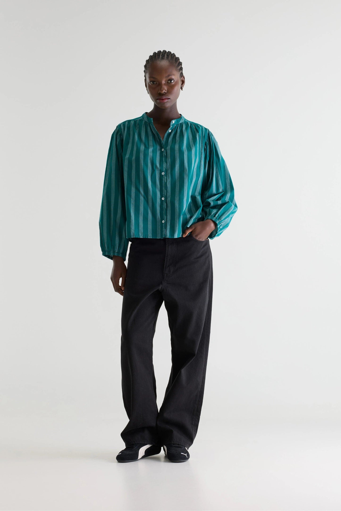 Women's Blouse 100% Cotton Poplin - Emerald Green Stripe Stripe-A