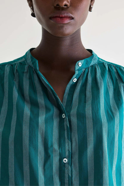 Women's Blouse 100% Cotton Poplin - Emerald Green Stripe Stripe-A