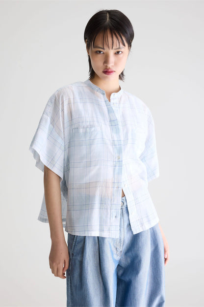Women Button-Down Blouse 100% Cotton Poplin - Mint Leaf Check-A