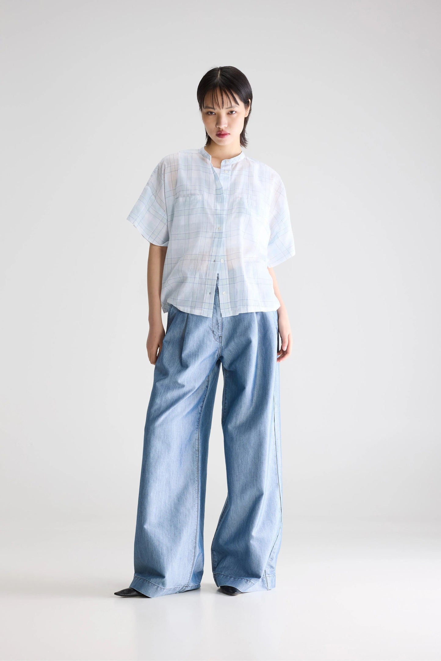 Women Button-Down Blouse 100% Cotton Poplin - Mint Leaf Check-A
