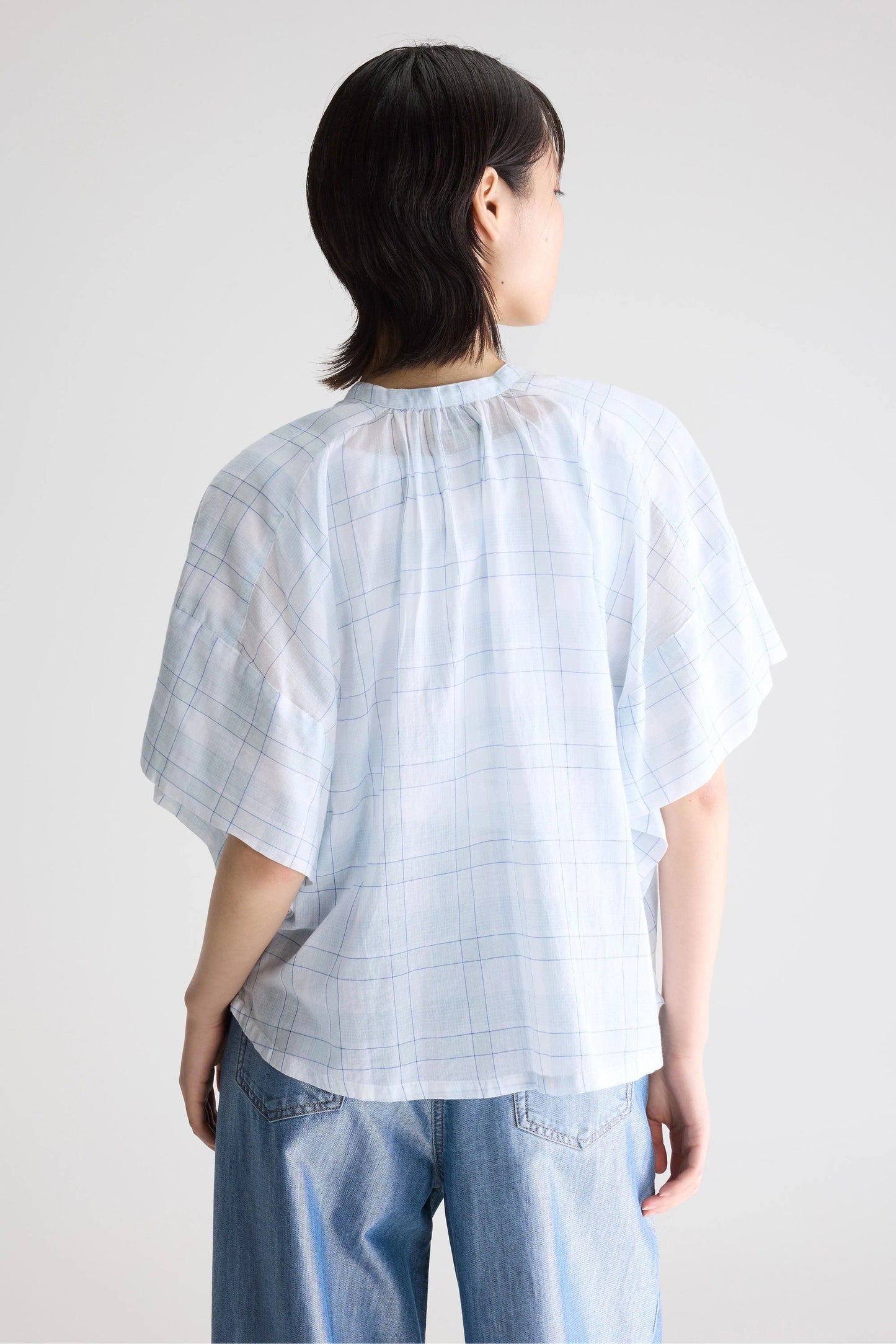 Women Button-Down Blouse 100% Cotton Poplin - Mint Leaf Check-A