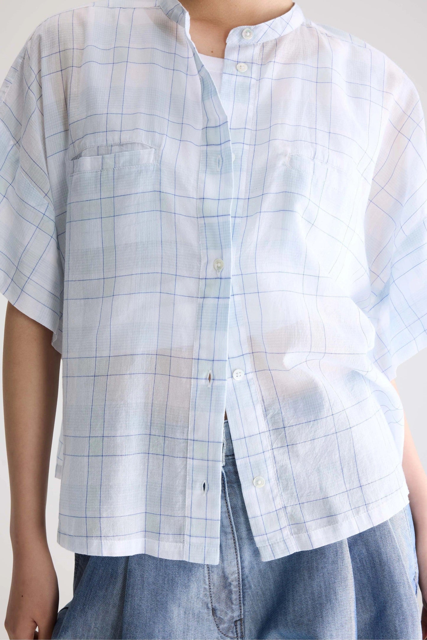 Women Button-Down Blouse 100% Cotton Poplin - Mint Leaf Check-A