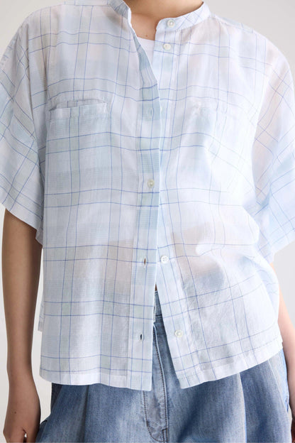 Women Button-Down Blouse 100% Cotton Poplin - Mint Leaf Check-A