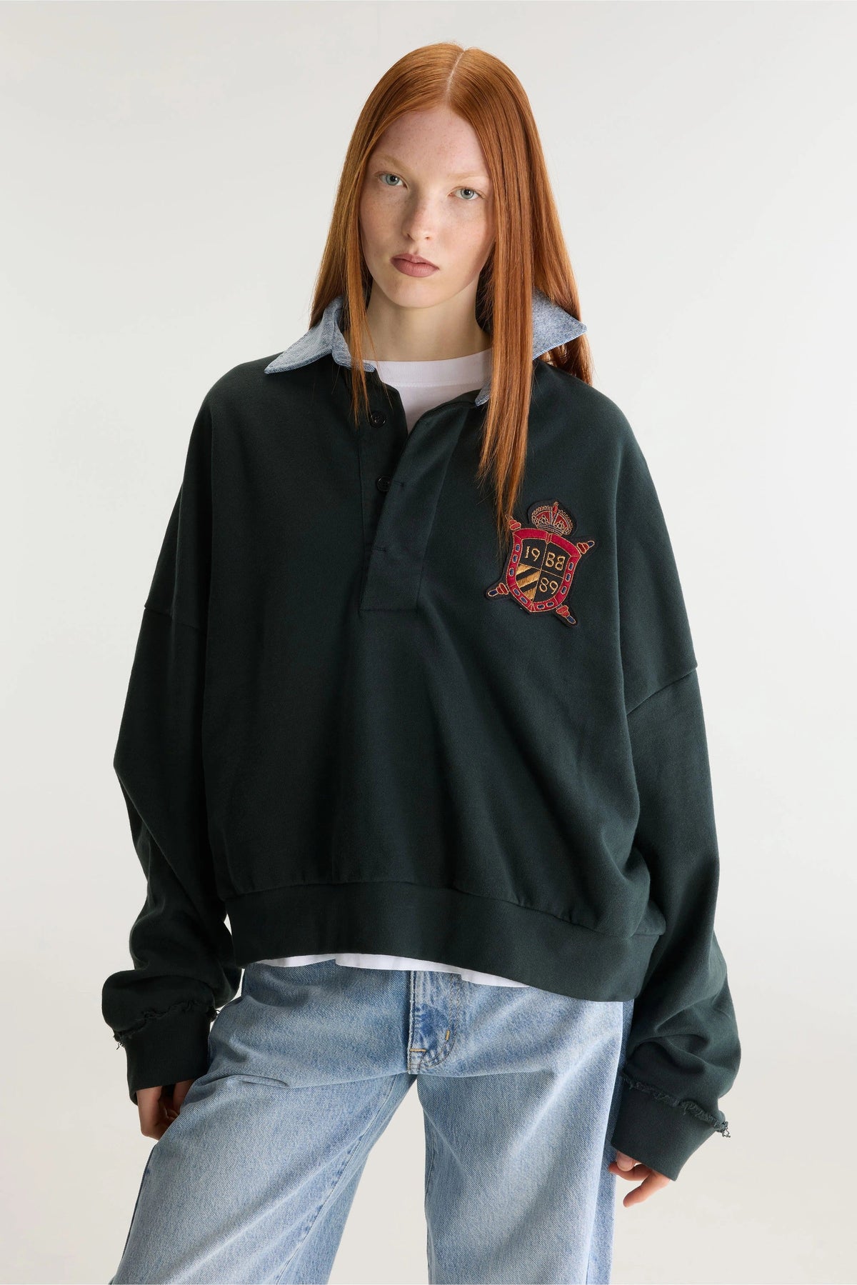 Bellerose | Bottle Green Polo Sweatshirt - Denim Collar Jet-Set