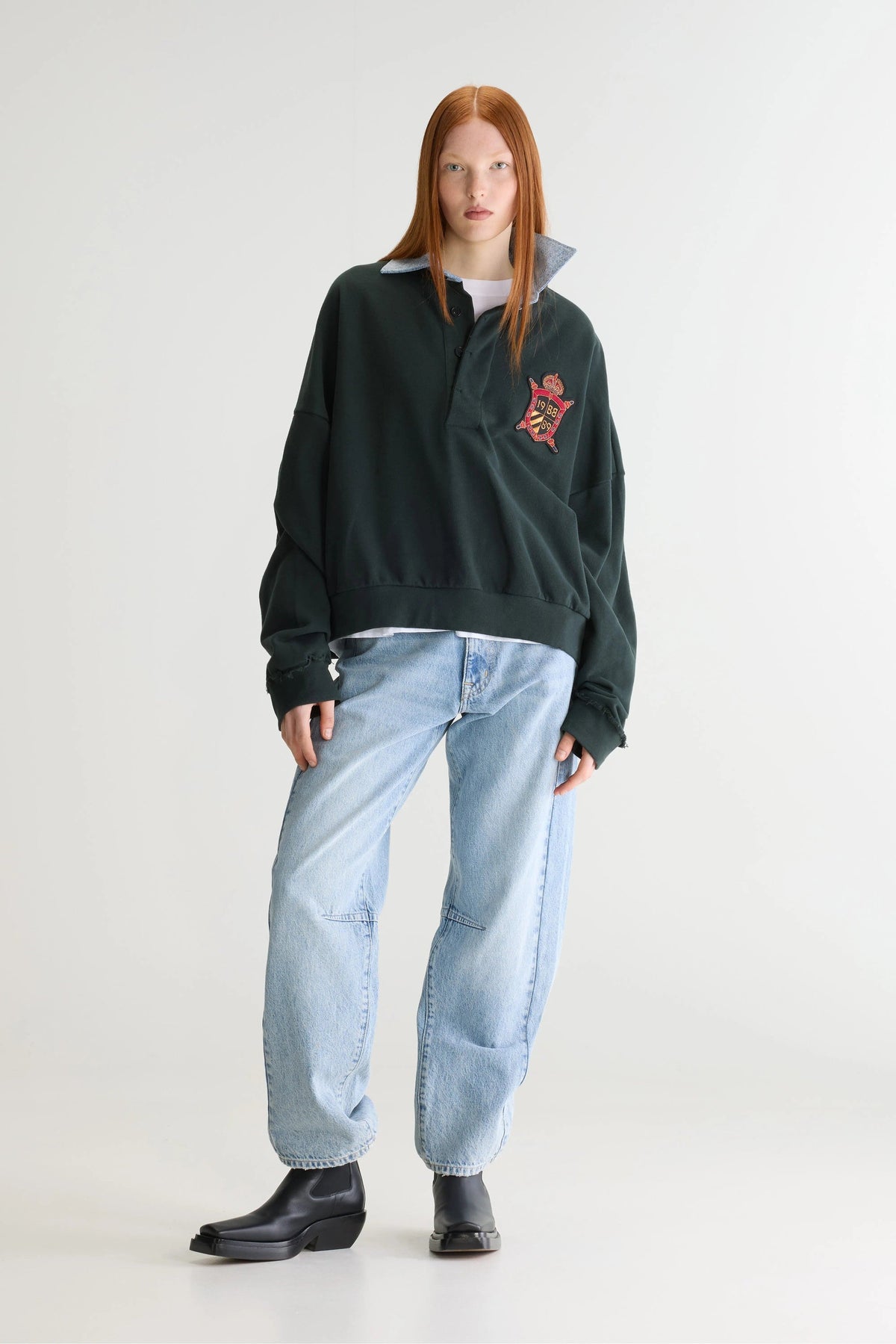 Bellerose | Bottle Green Polo Sweatshirt - Denim Collar Jet-Set