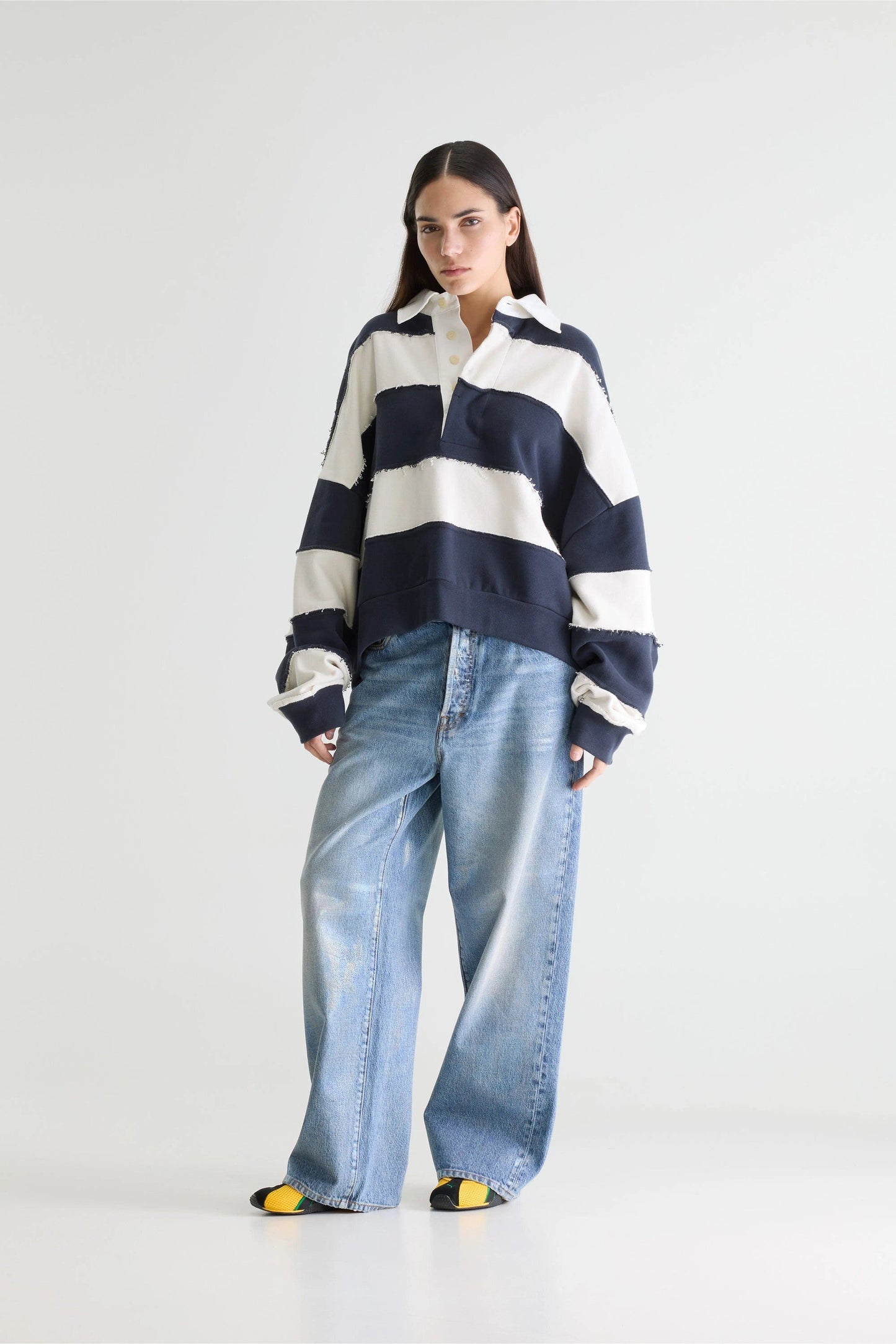Women's Oversized Rugby-Style Sweatshirt Cotton - Khaki Mint Stripe Combo-A