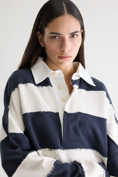 Women's Oversized Rugby-Style Sweatshirt Cotton - Khaki Mint Stripe Combo-A