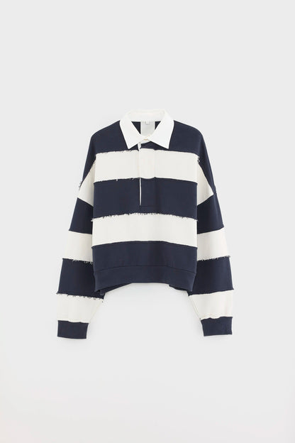 Women's Oversized Rugby-Style Sweatshirt Cotton - Khaki Mint Stripe Combo-A