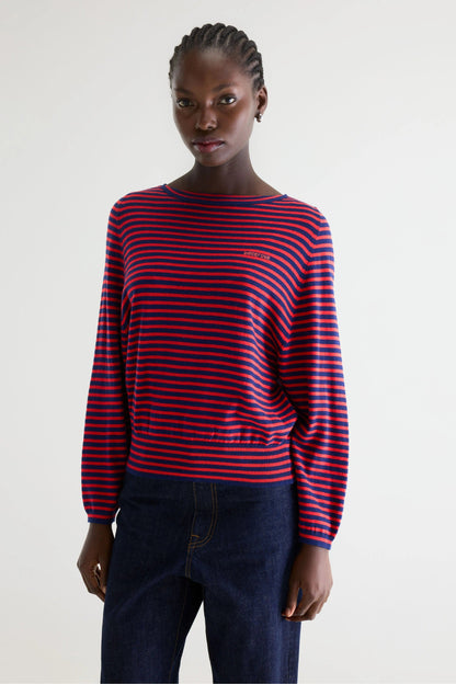Women's Pullover Sweater Fine Gauge Knit - Red and Navy Stripes Stripe-A
