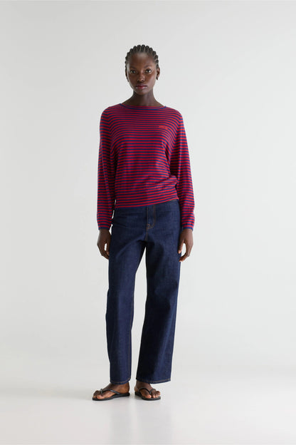 Women's Pullover Sweater Fine Gauge Knit - Red and Navy Stripes Stripe-A