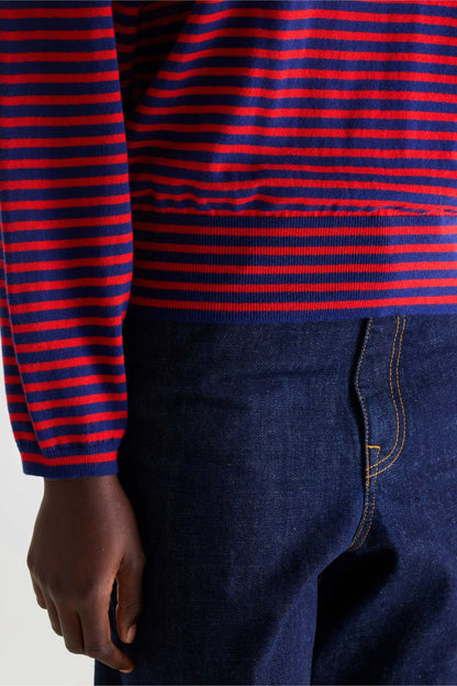 Women's Pullover Sweater Fine Gauge Knit - Red and Navy Stripes Stripe-A