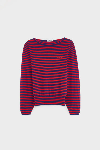 Women's Pullover Sweater Fine Gauge Knit - Red and Navy Stripes Stripe-A