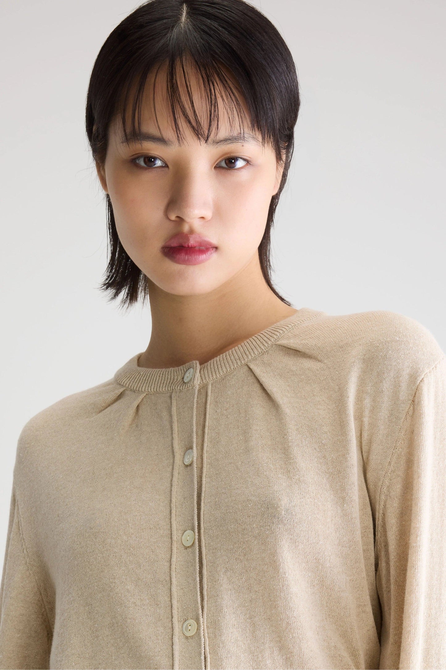 Bellerose | Gathered Crewneck Cardigan -  Linen Blend Oatmeal