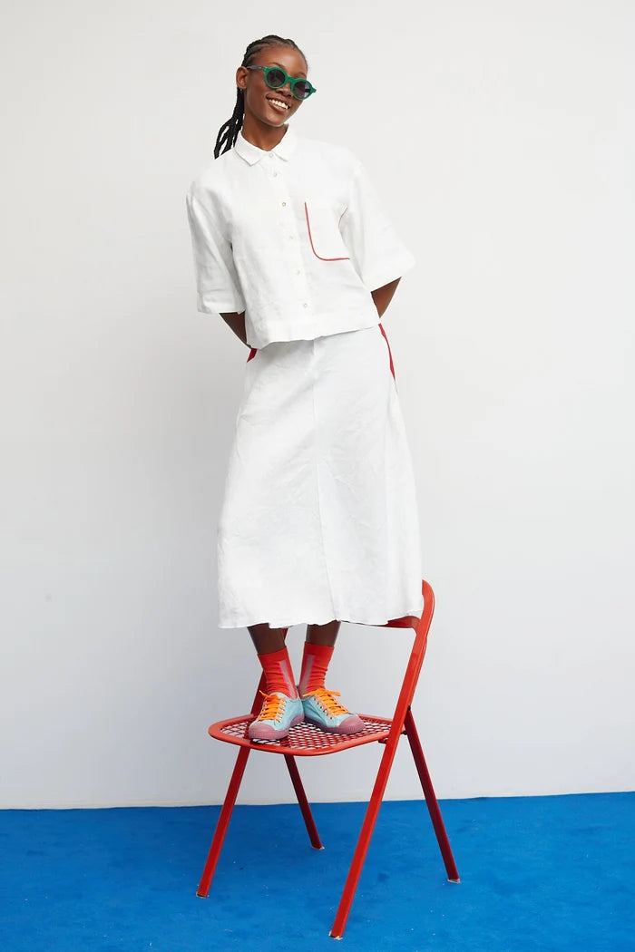 DR Bloom | Croquet Linen Skirt - White with Burgundy Stripes