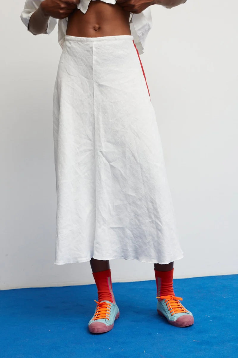 DR Bloom | Croquet Linen Skirt - White with Burgundy Stripes