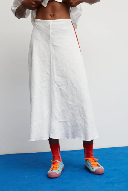 DR Bloom | Croquet Linen Skirt - White with Burgundy Stripes