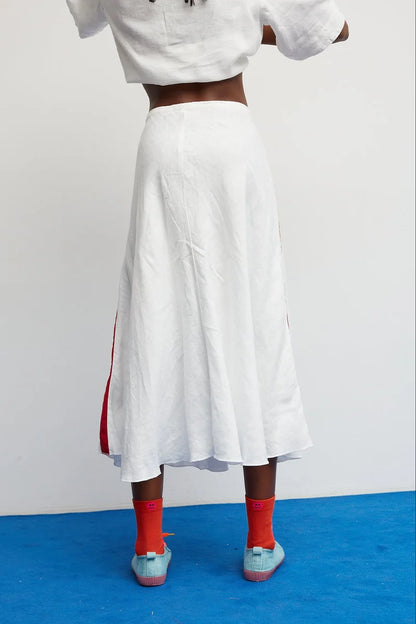 DR Bloom | Croquet Linen Skirt - White with Burgundy Stripes