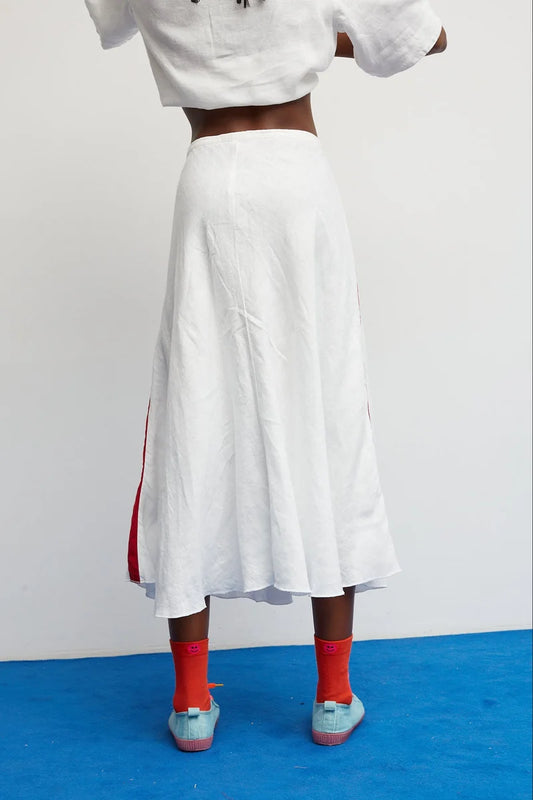 DR Bloom | Croquet Linen Skirt - White with Burgundy Stripes
