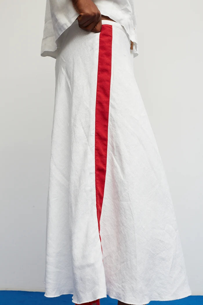 DR Bloom | Croquet Linen Skirt - White with Burgundy Stripes