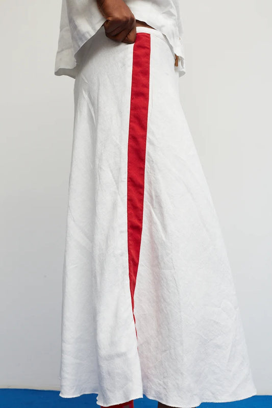 DR Bloom | Croquet Linen Skirt - White with Burgundy Stripes