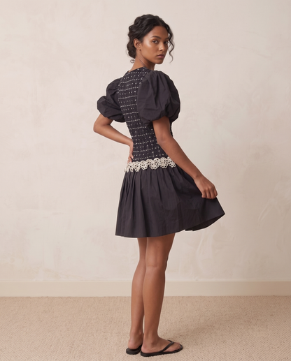 Damson Madder | Audrey Mini Dress - Black Organic Cotton